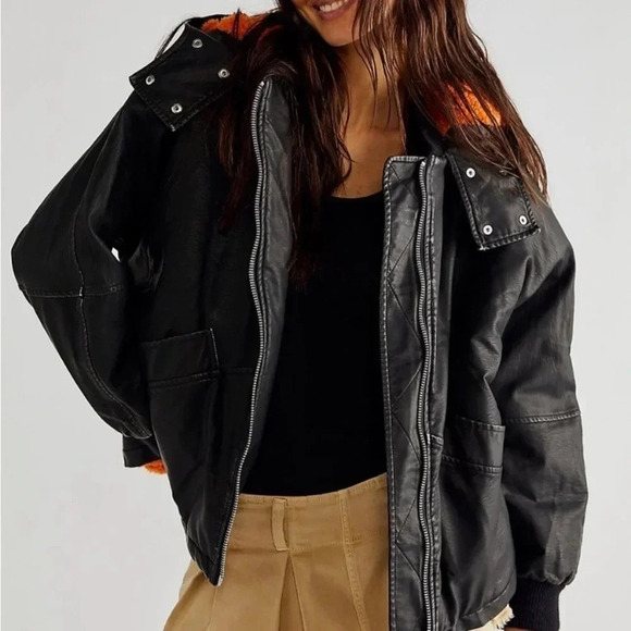New Free People Moxy Trapeze Vegan Leather Bomber Jacket Coat Black - Picture 10 of 10